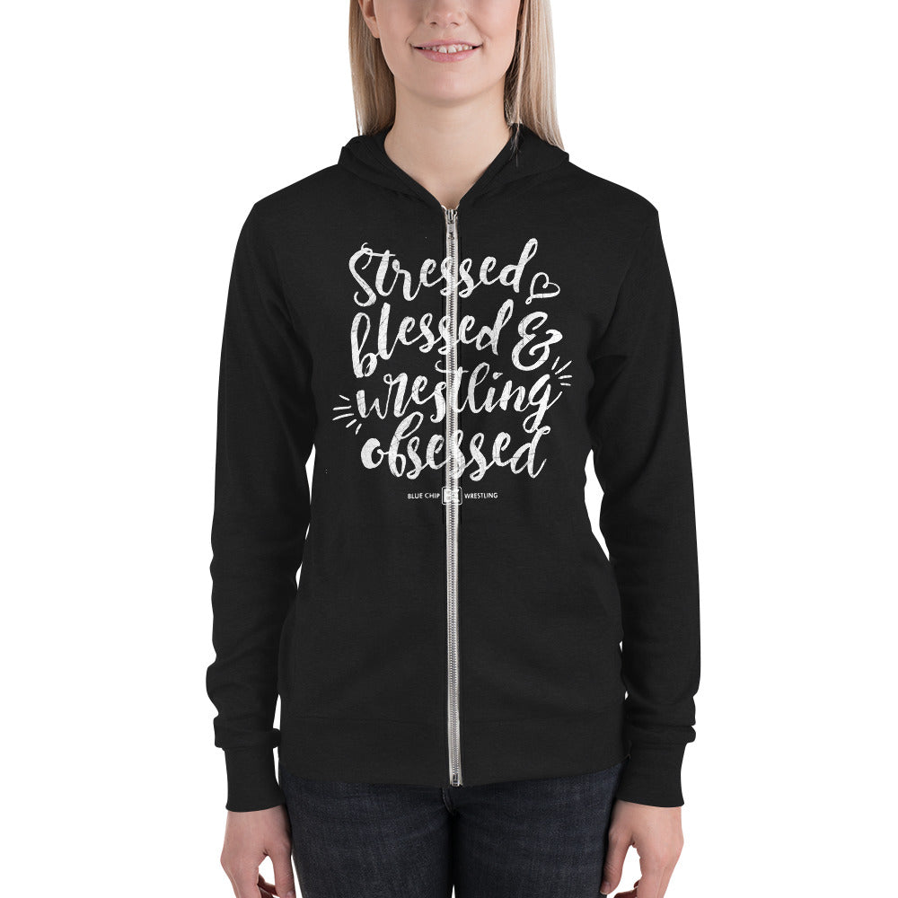 Stressed Blessed Wrestling Obsessed Lightweight Zip Hoodie